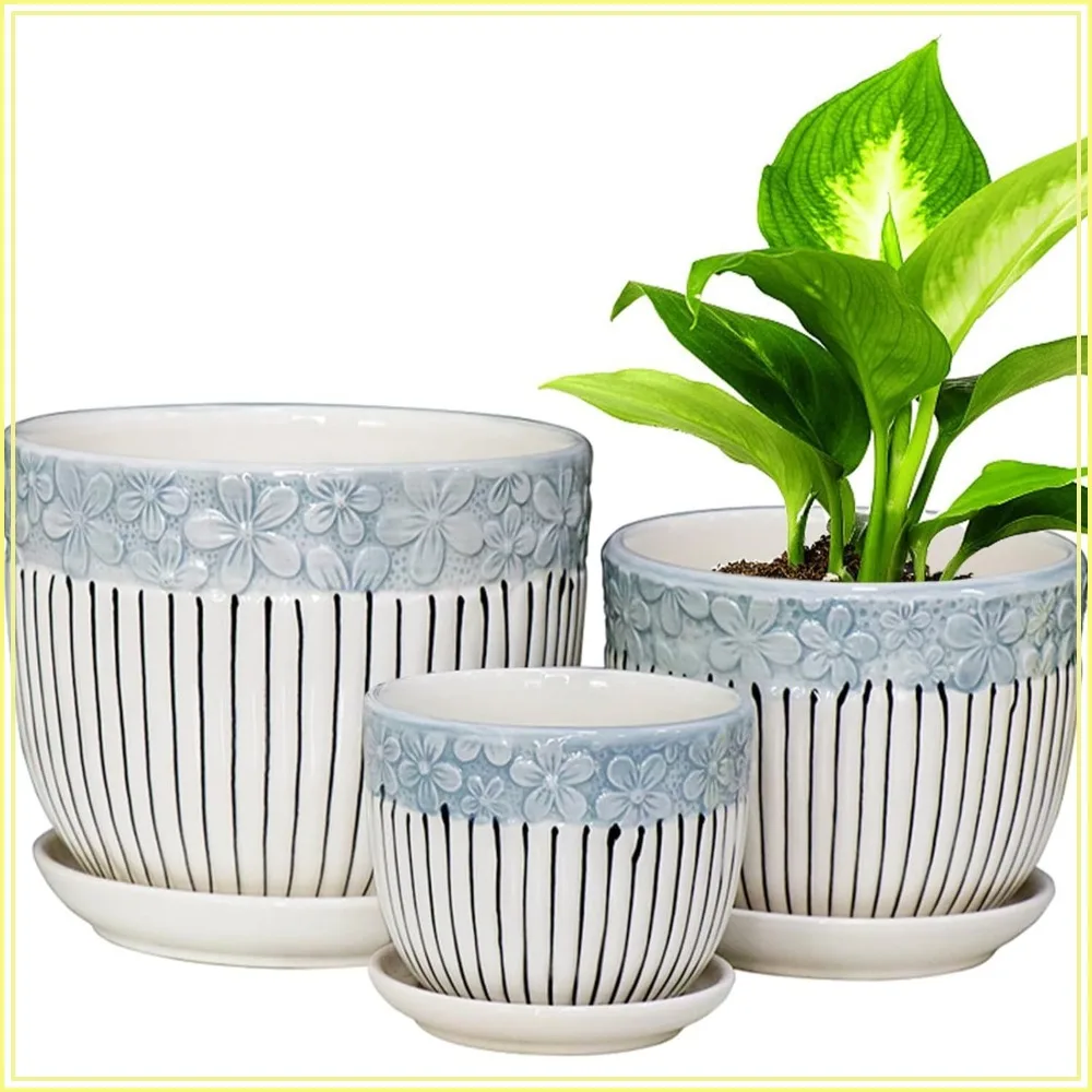 Ceramic Plant Pots Set of 3, 6.75/5.6/4.2 inch with Drainage Holes and Saucer, Modern Decorative Flower Pots for Indoor Outdoor Garden Succulent