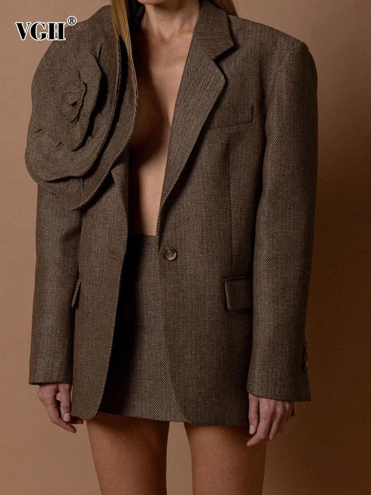 

VGH Solid Spliced Appliques Temperament Blazers For Women Lapel Long Sleeve Spliced Pocket Casual Blazer Female Fashion Style