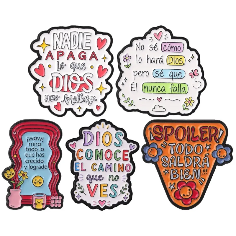 Colorful Spanish Badges Christian Faith Meme Enamel Pins Heart Flower Star Inspirational Brooch Encouraging Accessory Gift