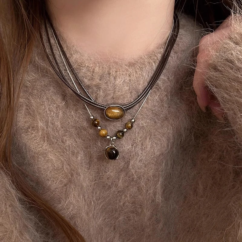 

Vintage Tiger's eye Leather Choker Necklace for Women Ethnic Style Flower Leaf Tassel Ceramic Beads Long Necklace Party Jewelry