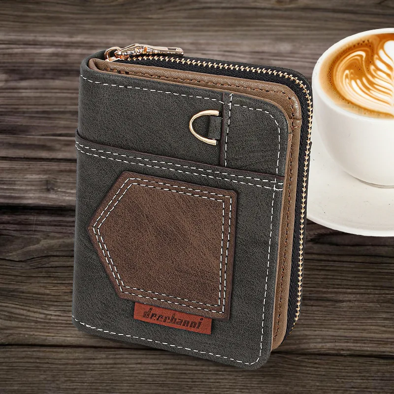 Patchwork Men's Dollar Wallet Minimalist Bifold Compact Vintage Coin Purse Business Zipper Pocket Slim Design