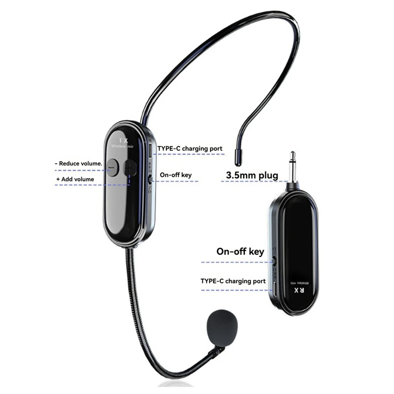 Cuffie con microfono wireless 2.4G a lungo raggio, microfono portatile e indossato dalla testa, modalità doppia per insegnare, istruttori fitness