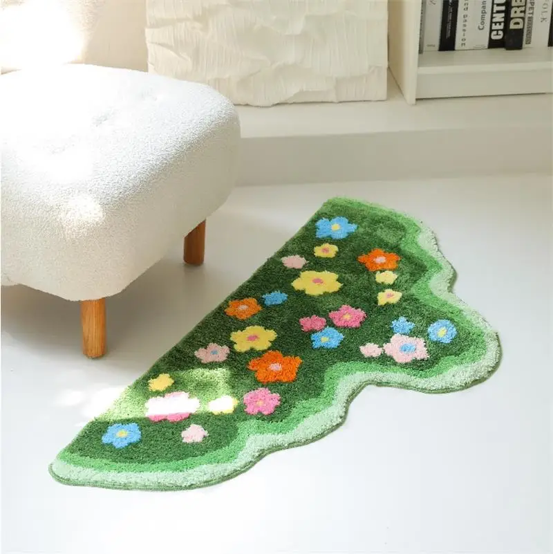 Irregular Green Flower Carpet For Bedroom Anti Slip Kitchen Rug Home Soft Kids Toy Room Floor Mat Long Moss Decor Sofa Area Rug