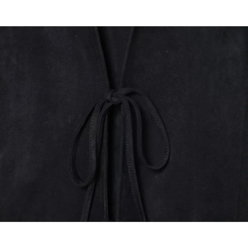 HipSeam Women Faux Suede Shirt with Ties Spring Autumn Open Collared Long Sleeve Women's Shirt & Blouses Female Chic Tops