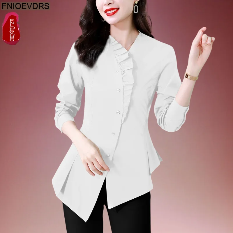 

Новогодняя мода, топы во французском дизайне, блузки, женские базовые топы с длинными рукавами и оборками, элегантные офисные женские однотонные черные, белые рубашки