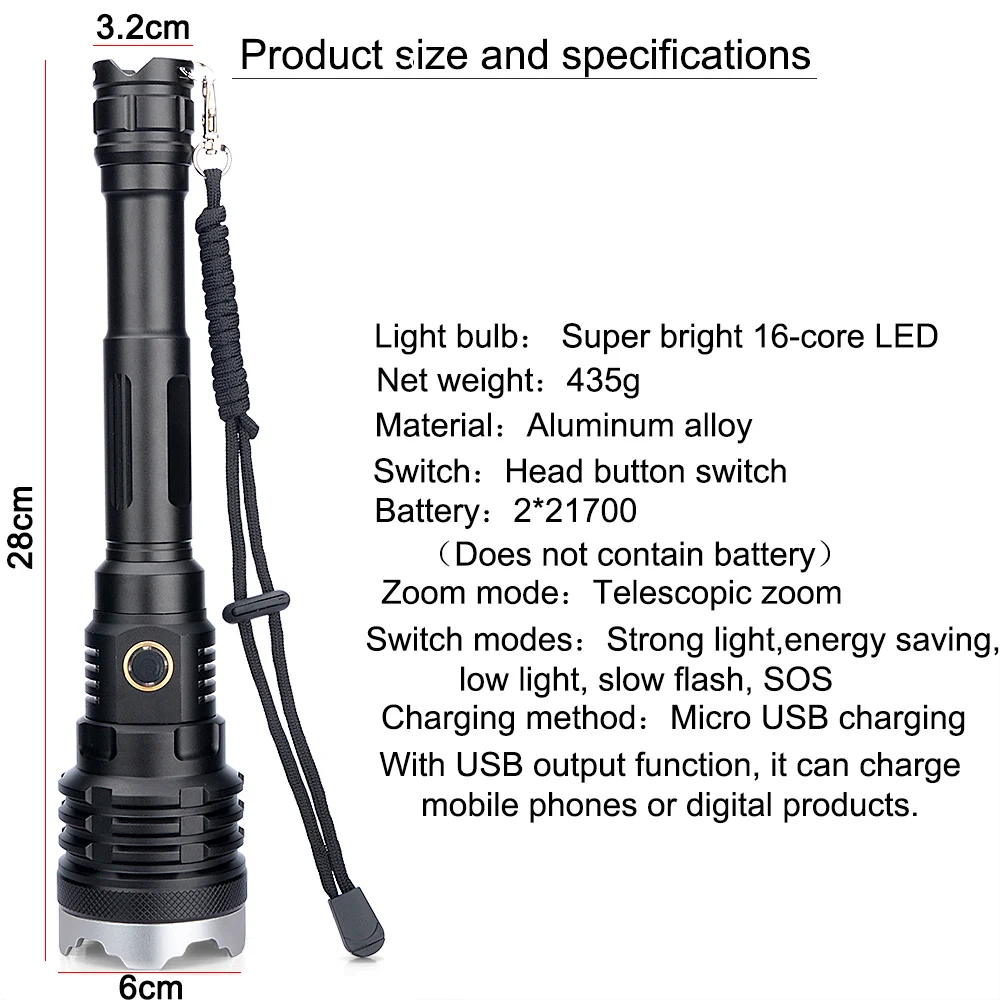 最も明るいLED懐中電灯,ズーム可能なランタン,16コアパワーバンク,10000mAh充電式USBトーチ,21700バッテリー,50W,xhp110