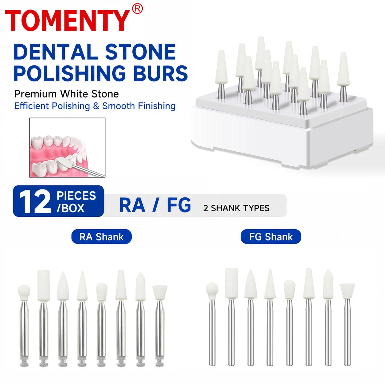 Dental White Stone Polishing FG RA Burs Cone/Flame/Round Shape Abrasion Bur Polishing Composites Porcelain Dentistry