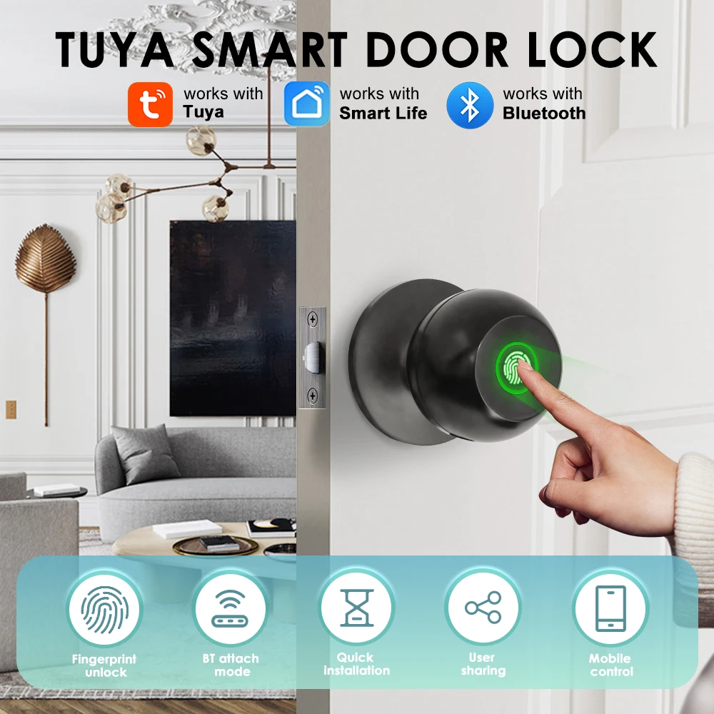 TUYA Ball Cylinder Smart Devices Smart Home Security System App Control Fingerprint Lock Pick Cylinder Wood Door Smart Lock