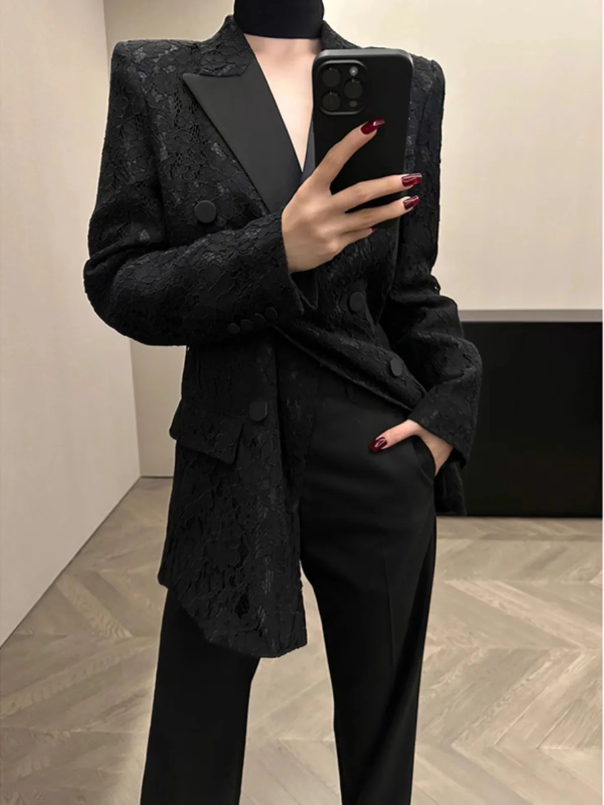 

Ele Lace Suit Jaet Luxury Satin Patchwork Waist-Cinching Double-Breasted Tailored Commute Sle Long Sve Coat