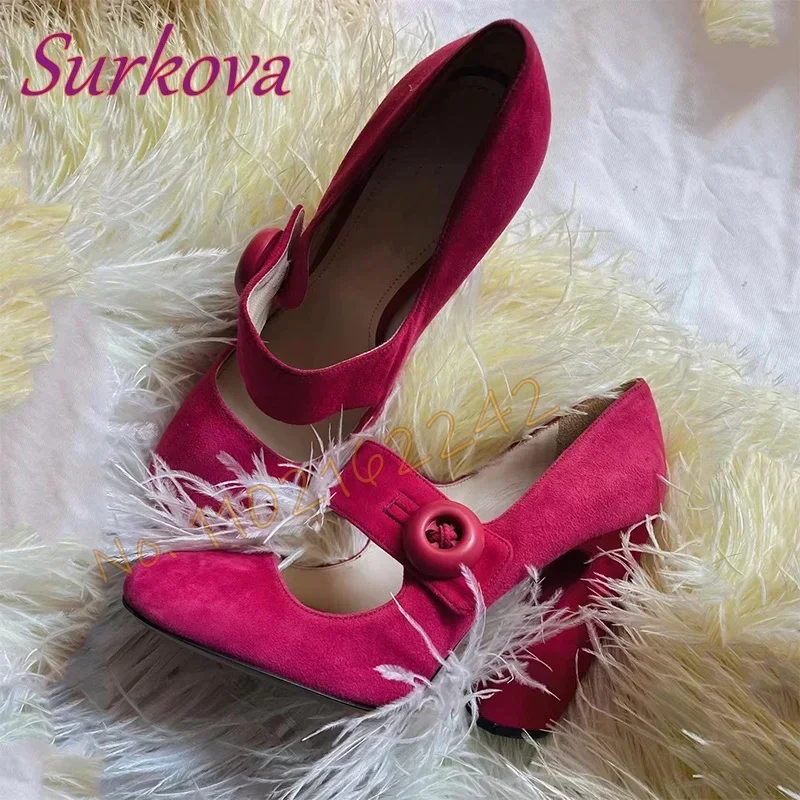 

Rose Red Suede Mules For Women Round Toe Thick Heels Buckle Strap Pumps Elegant Party Banquet High Heels Spring New Women'S Shoe