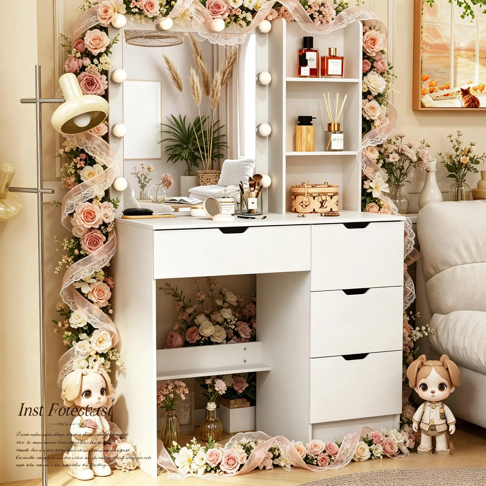 White Modern Vanity Set, 10 LED Bulbs Mirror, 4 Drawers 3 Color Dimmable Bedroom Easy Assembly