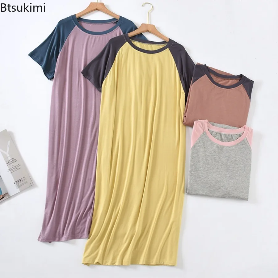 2025 Summer Modal Thin Style Color Blocked Short Sleeved Raglan Sleeve Long Robes for Women Round Neck Home Nightgown Home Wear