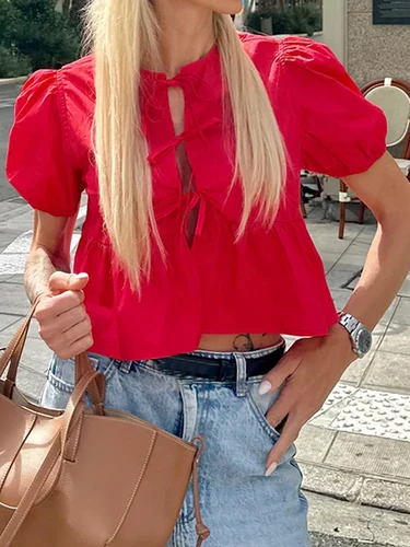 Blusa de manga abullonada para mujer, Top con lazo frontal, camiseta de Peplum, Top corto Babydoll para salir, ropa de calle de verano 2024