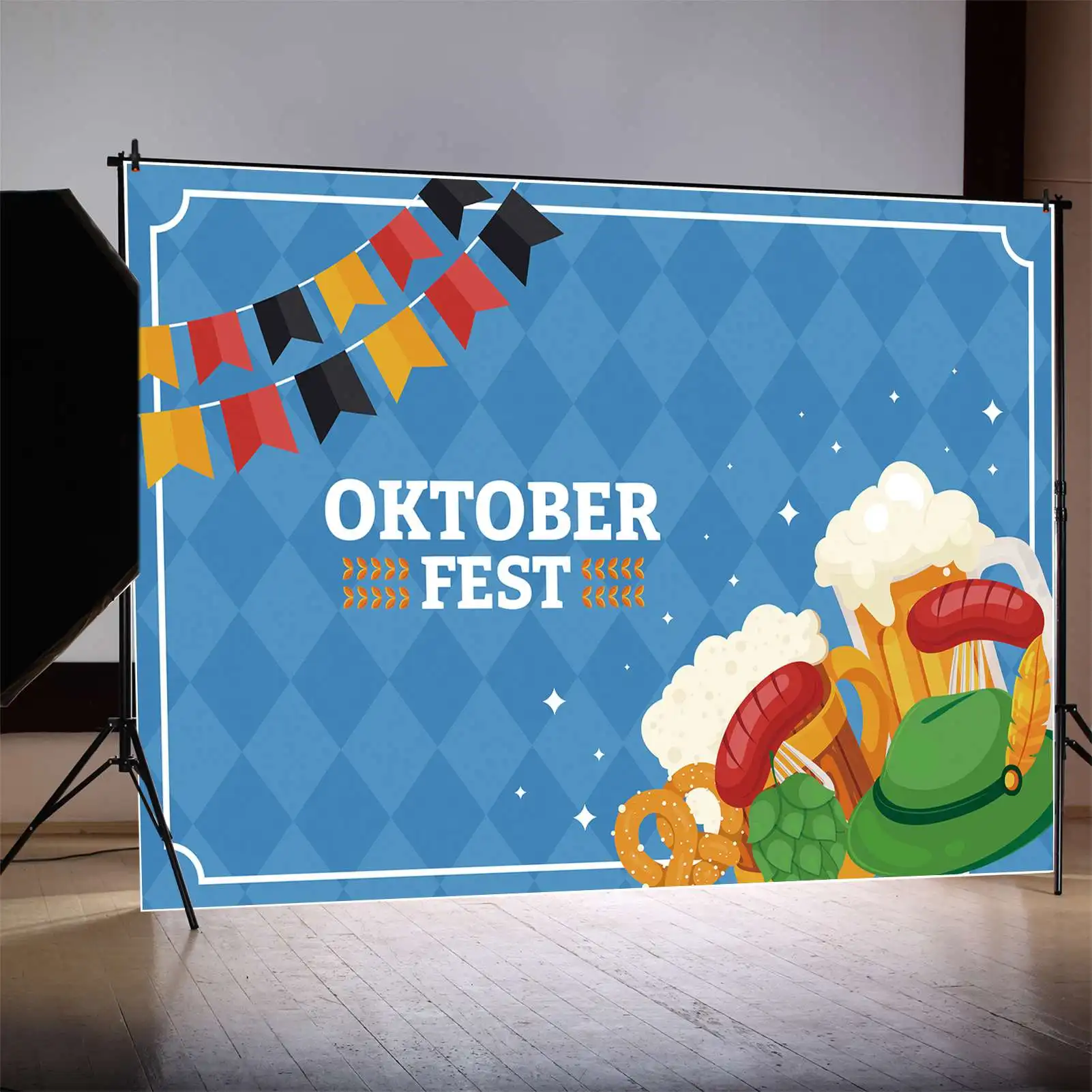 MOON.QG Backdrop The Munich Oktoberfest Party Banner Beer Festival Photo Backgrounds Blue Check Wall Glass Sausage Decorations