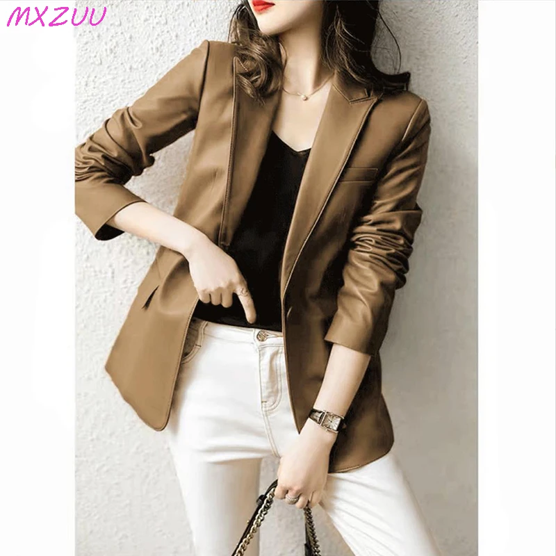 Natürliche Schaffell Mantel Blazer Mujer Einzigen Taste Anzug Kragen Chic und Elegante Frau Jacke Schlank Kamel Echt Leder Topscoat