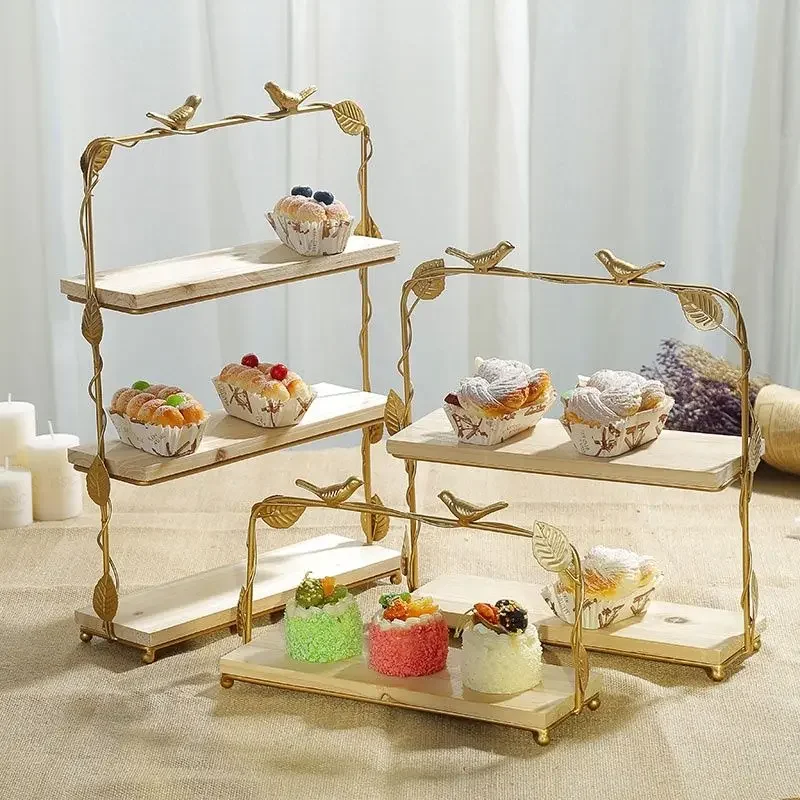 Nordic Wooden Tray Golden Iron Dessert Display Stand Dim Sum Shelf Afternoon Tea Frame Wedding Birthday Cake Rack Decoration Art
