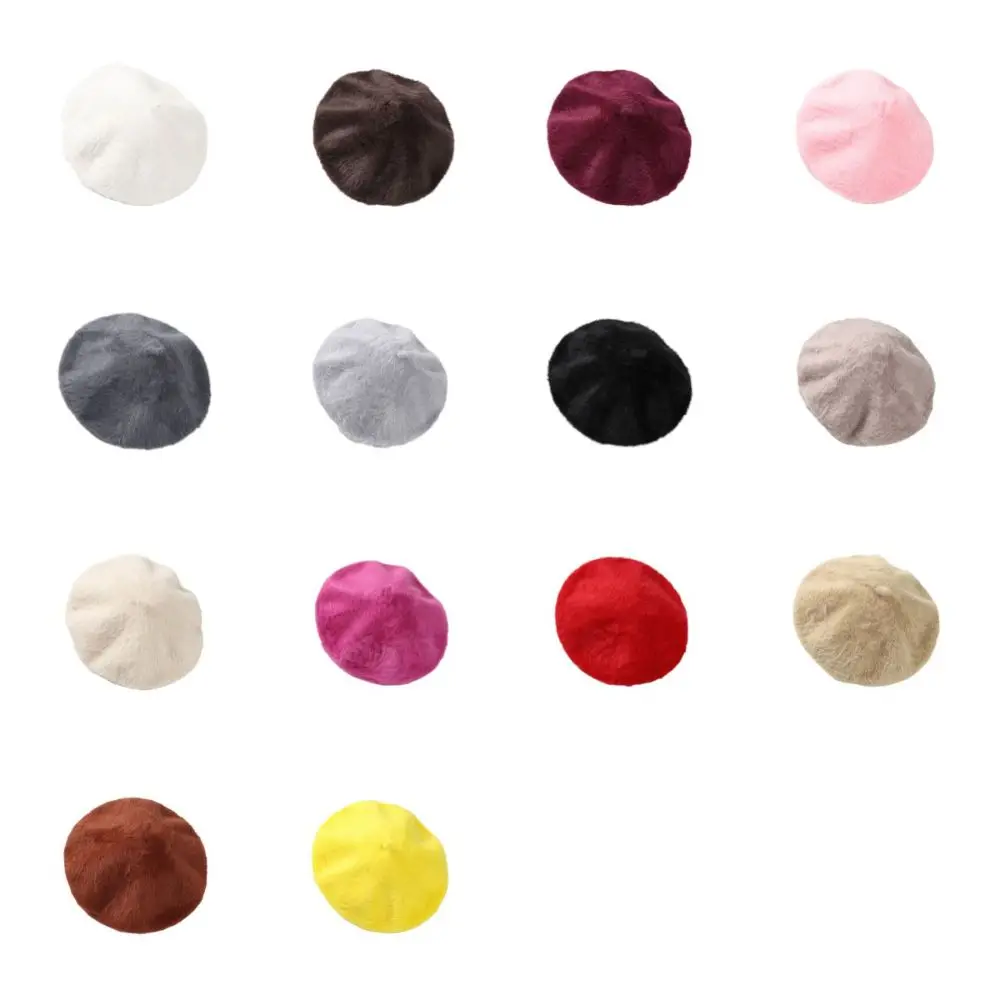 Elegant Solid Color Faux Mink Beret Soft Flat Top Pumpkin Painter Cap Thermal Furry Plush Octagonal Cap Autumn 6