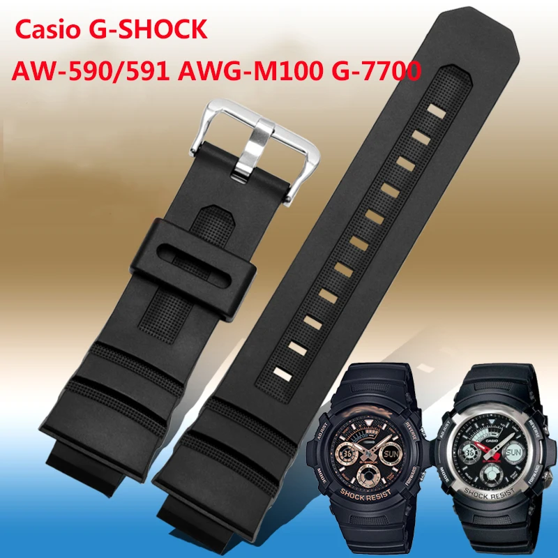 

16mm Silicone Watch Strap For Casio G-Shock AW-591/590/5230/282B AWG-M100/101 G-7700/7710 WatchBand Soft Waterproof Rubber Black