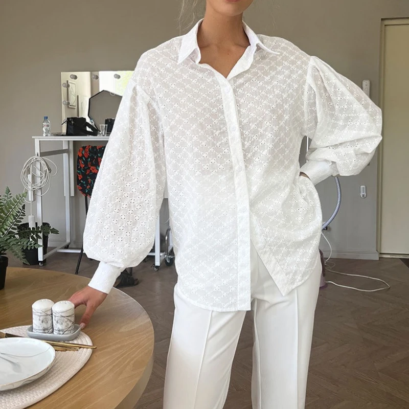 Lantern Sleeve Jacquard Shirt 2025 Spring Polo Collar with Small Hollow Out Design, Shirt Temperament Long Sleeved