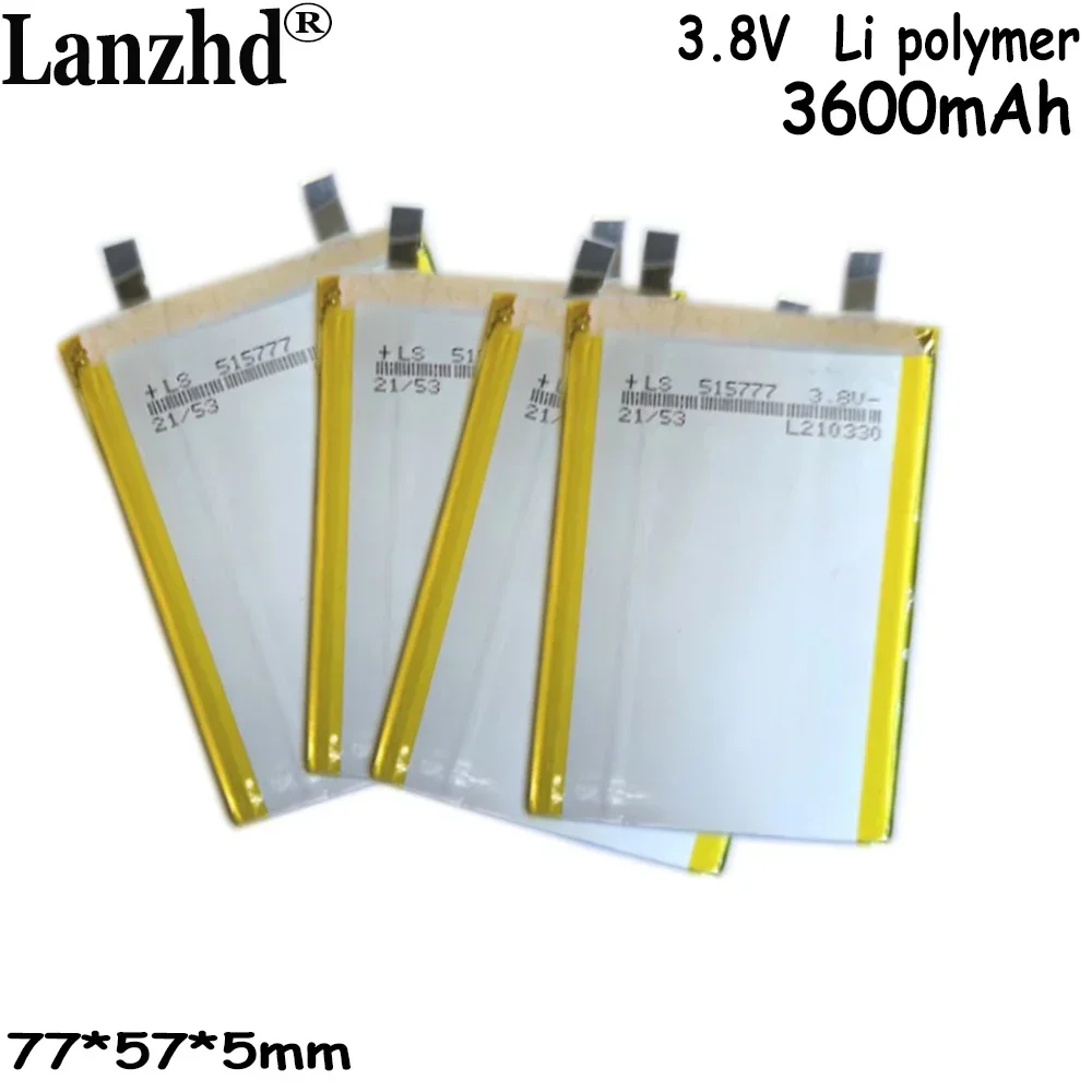 Li Polymer Lithium Battery, célula de alta tensão para celular, núcleo de carregamento rápido elétrico embutido, 3.8V, 3600mAh, 515777