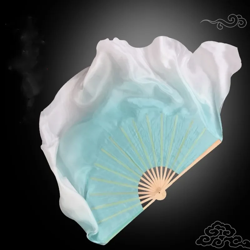 حجاب جانبي مزدوج متدرج على شكل طاووس أبيض من الحرير الحقيقي للنساء أزواج حجاب مروحة الرقص (1L + 1R) نصف دائرة طبقتين 100% حرير متدفق