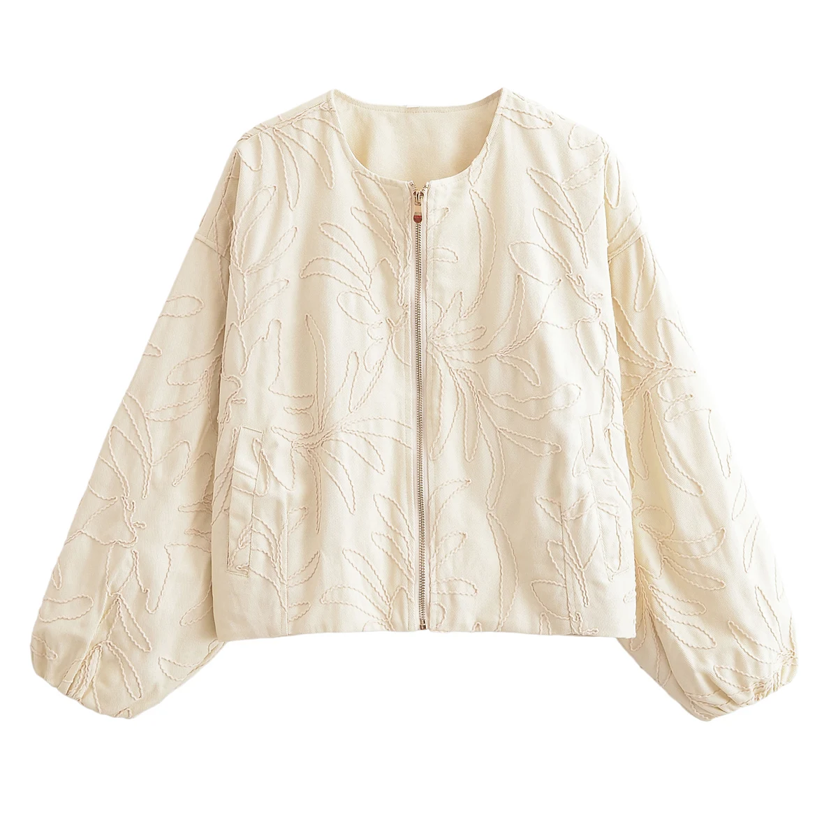 

BWQ 2025 Women's New Fashion Rope Embroidery Decoration Loose Short O-neck Coat Retro Long Sleeve Zipper Women's Coat