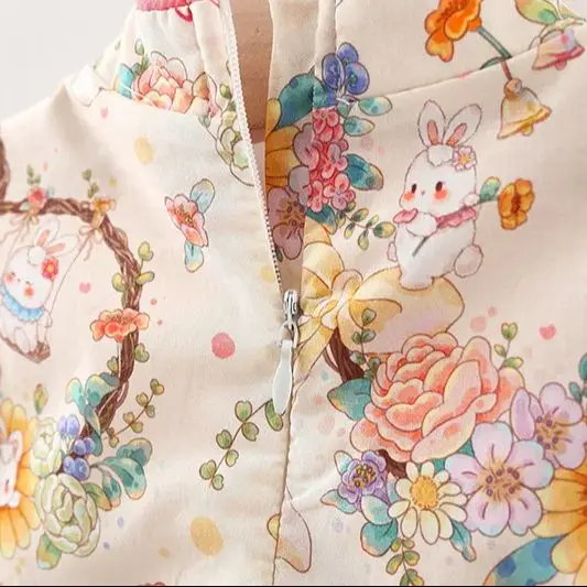 Summer Baby Girl New Dress Sweet Little Rabbit Printed Flying Sleeves Chinese Style Qipao Suitable for Children of 80-120 Height