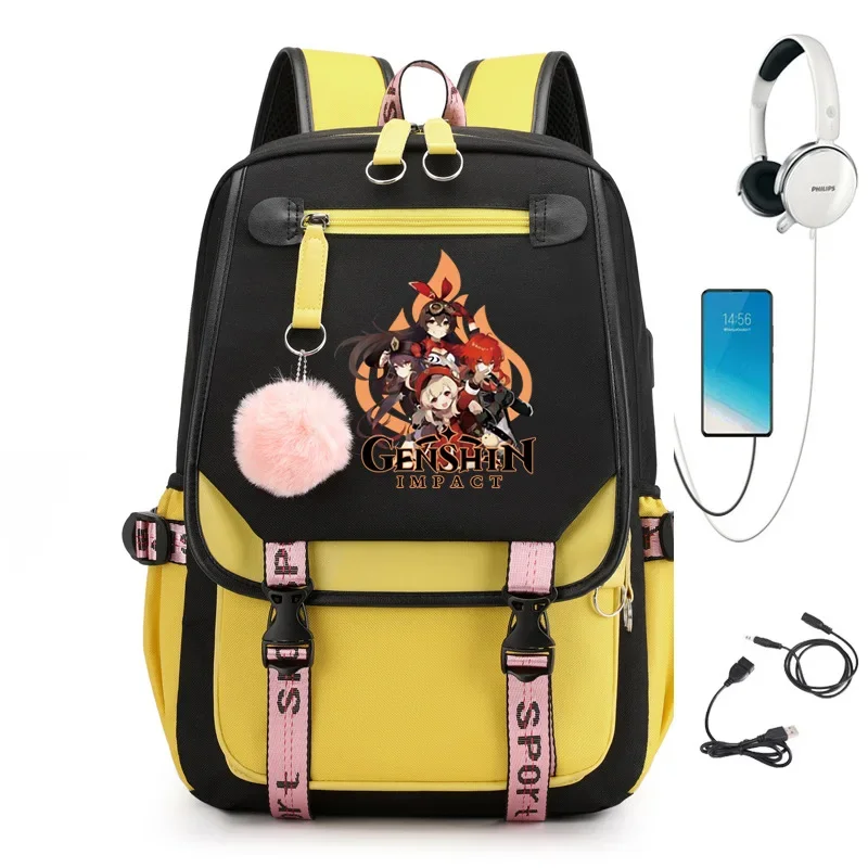 Genshin Impact Anime USB Port Nylon Mochila, Sacos de viagem escolar, Saco casual para laptop