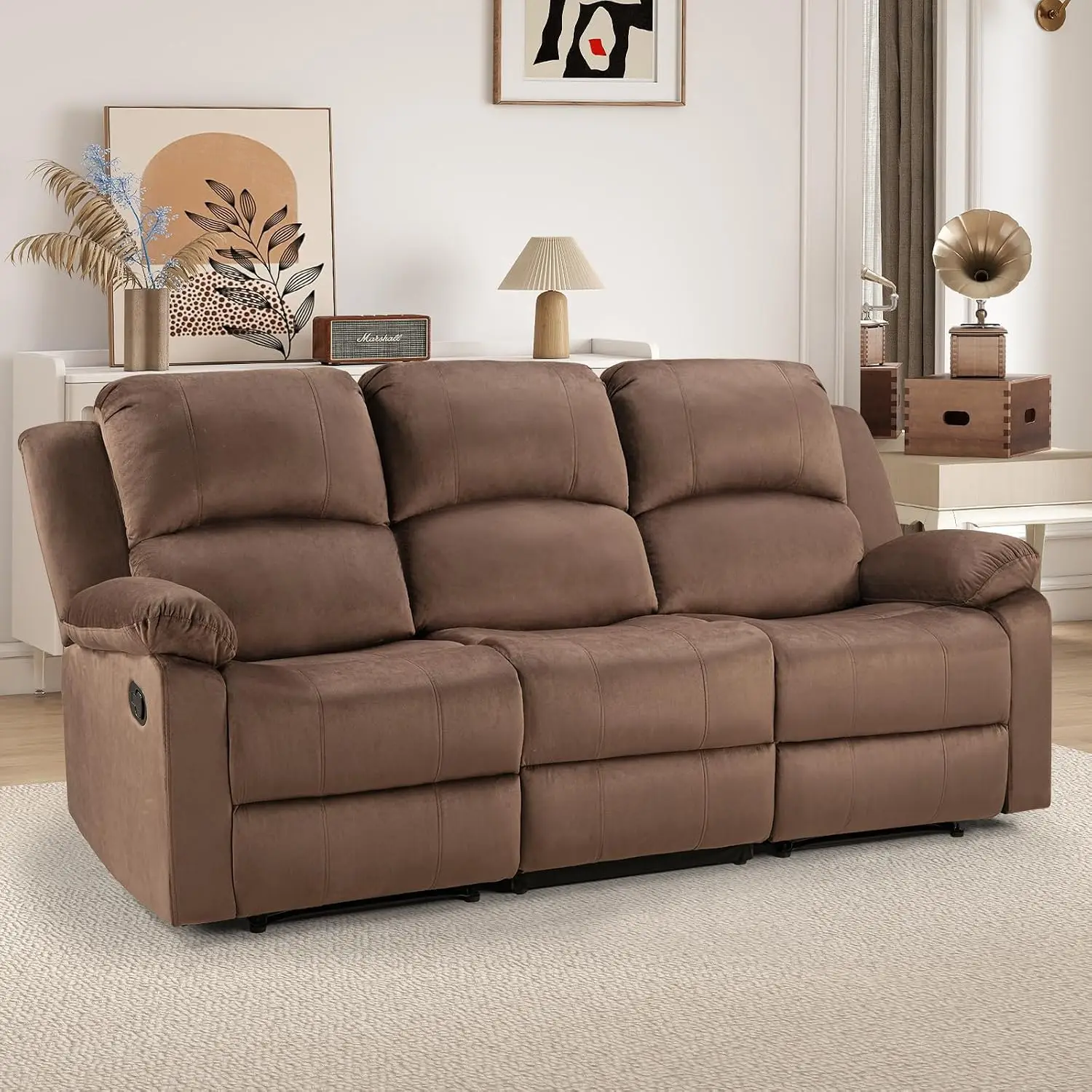 Manual Recliner Sofa, 3 Seat Overstuffed Fabric Couch For Living Room, Heavy Duty Safety Mechanism, Customized