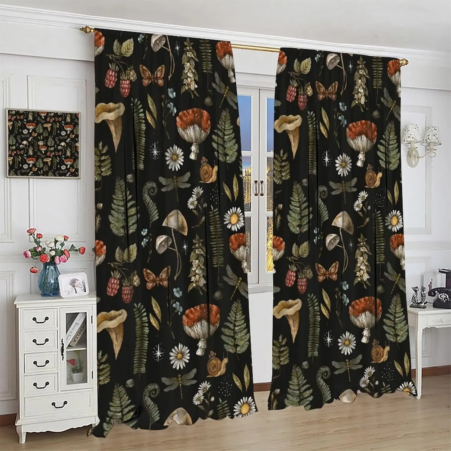Rustic Mushroom Curtains, Vintage Black Fairytale Boho Forest Woodland Leaves Plants Mushrooms Flowers Windows Treatments Drapes