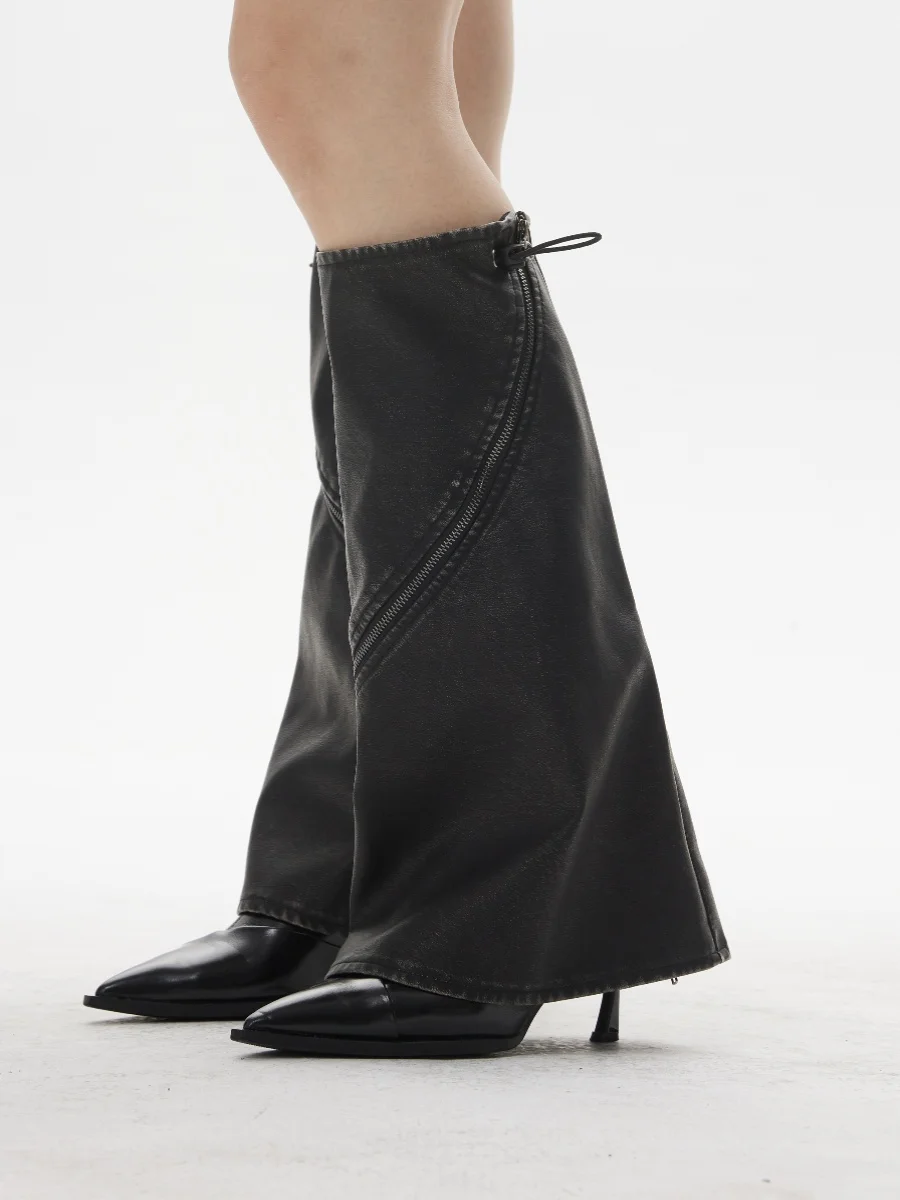 TheLight officiële dames vintage taille lederen Jaet rits kraag PU lederen broek herfst winter nieuwe Sle Faion dames