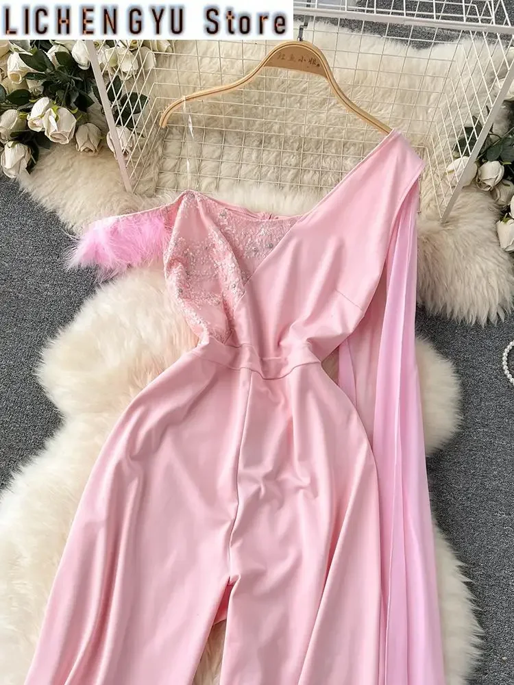 New Sweet Style Chic Jumpsuit Women Slash Neck Strapless Patchwork High Waist Fashion Jumpsuits Winter Spring