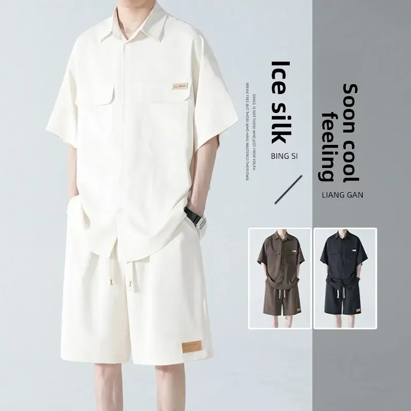 

2025Summer Men's Ice Silk Shirt Shorts Set Fashionable Casual Wear Comfortable Lightweight Breathable Clothing Made in China