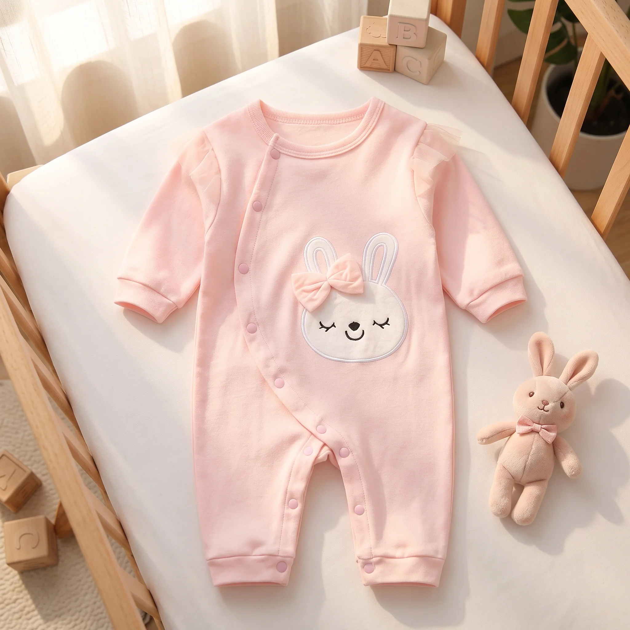 Pure Cotton Baby Jumpsuit for Girls, Cartoon Rabbit Long-Sleeved Romper, Belly-Protecting Romper, Super Cute Pink Jumpsuit