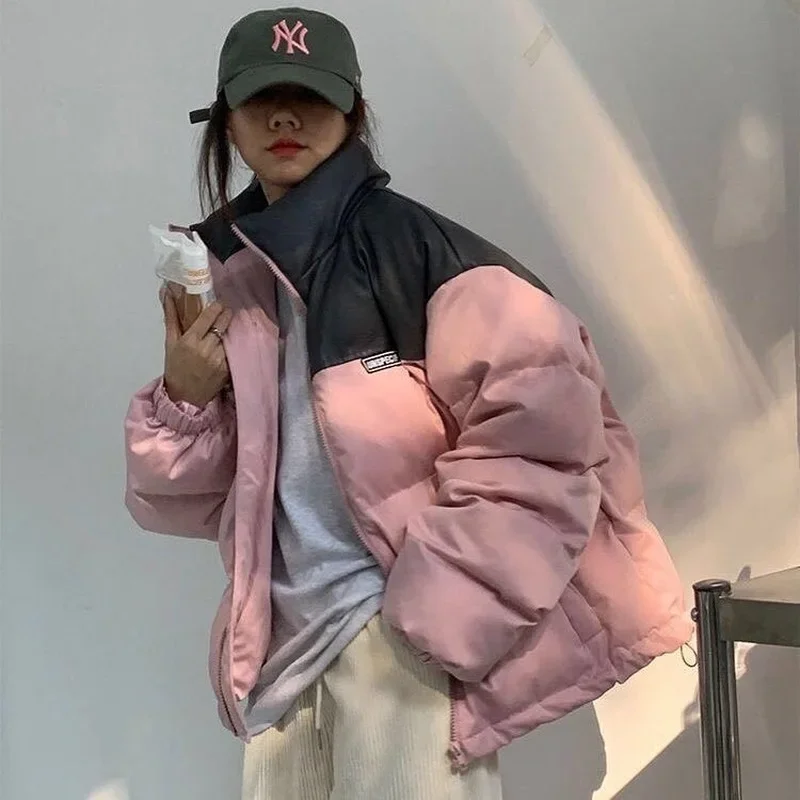 2021 Winter Women Warm Thicken Outerwear Loose Parkas Coat Fashion Color Matching Cotton Windbreaker Jacket New Zip Coats Korean