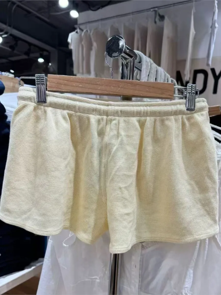 Pantaloncini larghi gialli Waffle Donna Estate Nuovo casual con coulisse Elastico a vita alta Sport Corti dolci e carini Pantaloni corti stile preppy
