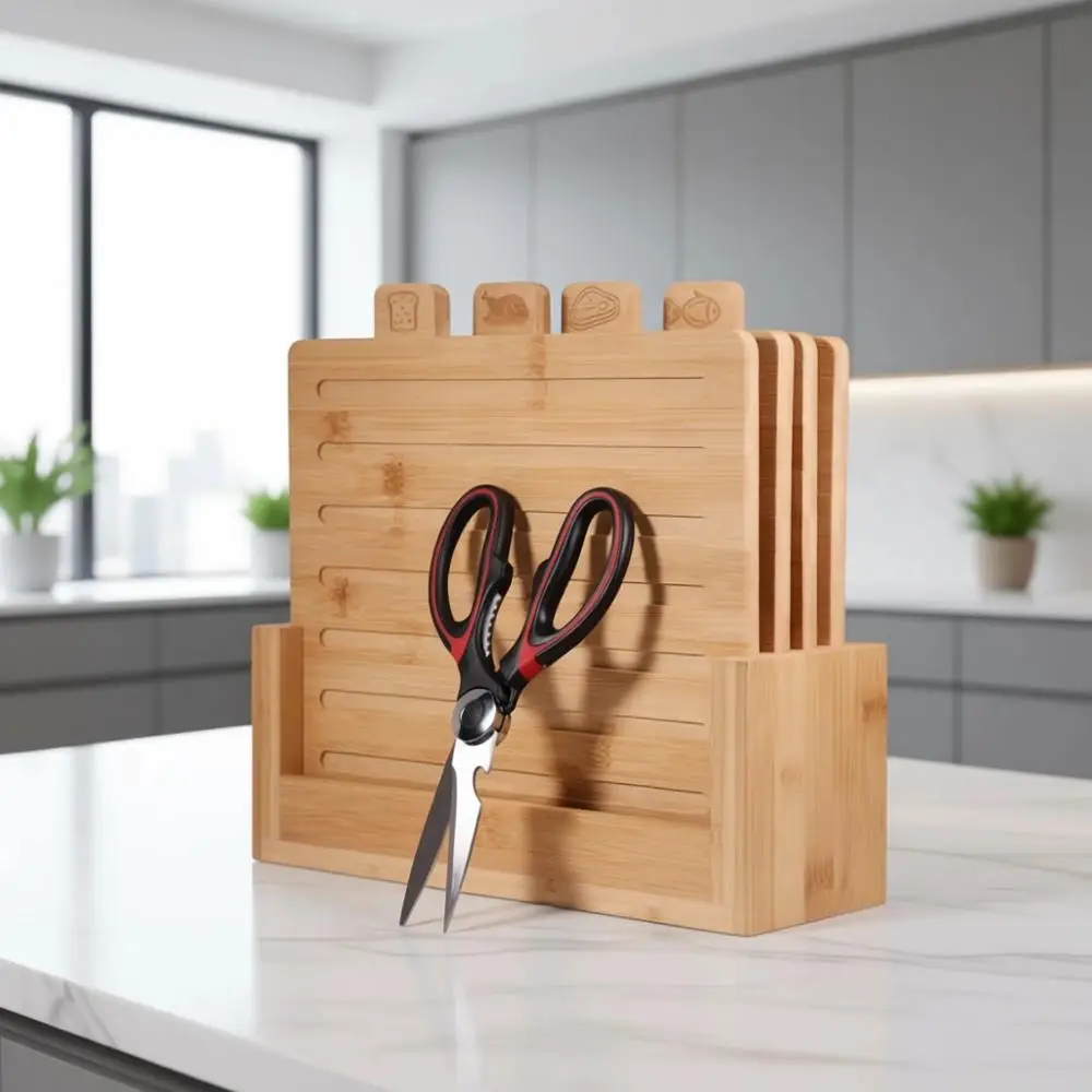 

4-Piece Bamboo Cutting Board Set with Premium Scissors, Perfect for Charcuterie and Chopping, Ideal for Juice, BPA-Free, Essenti