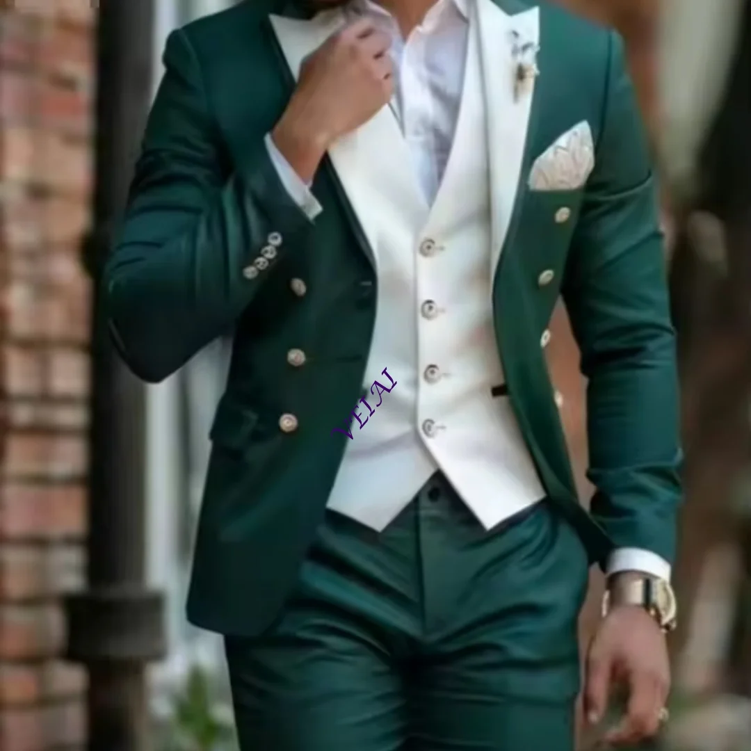 Customized Green And White Formal Men Suit Male Party Prom Business Tuxedos Groom Groomsman Wedding 3 Piece Set Blazer Vest Pant