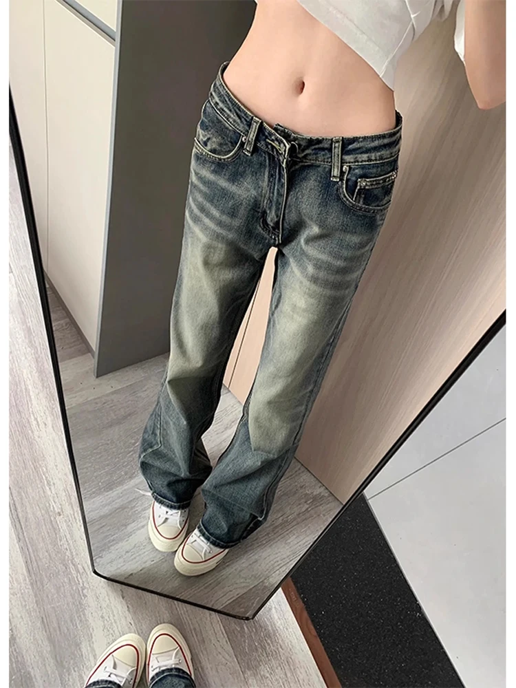 

Retro American Blue Waed Bell Bot Jeans High Waist Slim Straight Leg Denim Pants for Men And Women Autumn High Street Sle