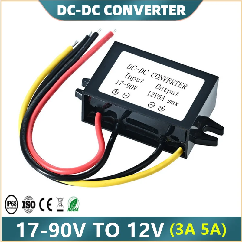 DC 24V 36V 48V 60V Step Down to DC 12V Converter Voltage Regulator for Golf Cart Club Car Audio LED Strip Light (Input 17-90V)