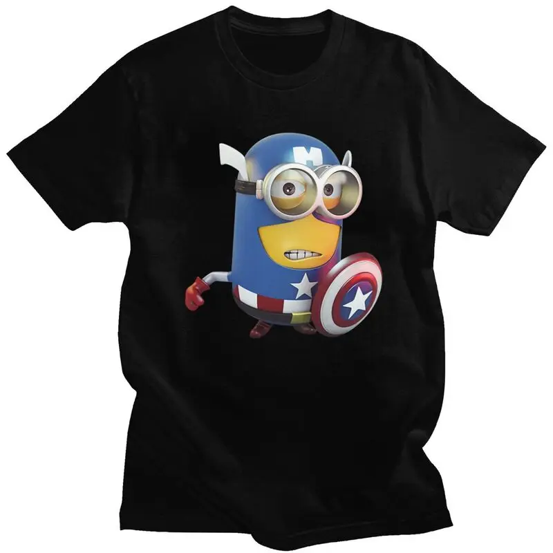 Custom Minion Cartoon Captain Shield Tshirt for Men Short Sleeves Casual T Shirt Cool T-shirt Slim Fit Pure Cotton Tee Gift