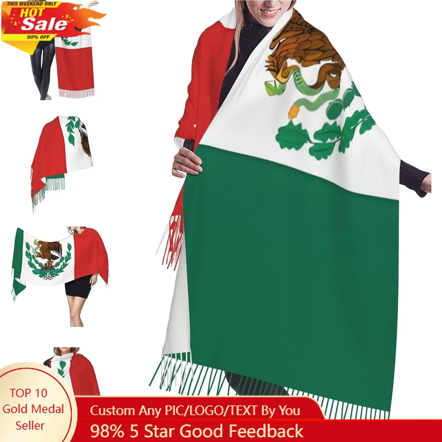 여성용 스카프 가볍고 부드러운 스카프 멕시코 국기 숄 겨울 따뜻한 프린지 스카프