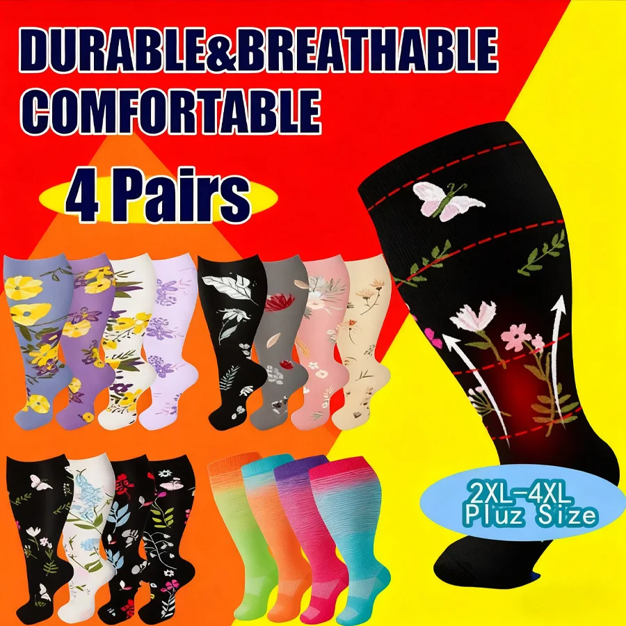 

4 pairs of oversized compression socks for men and women for running, cycling, hiking, and travel. Wide-fit mid-calf socks.