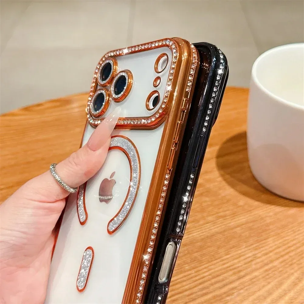 Новая прозрачная пленка с блестящими кристаллами для Magsafe, магнитный чехол для беспроводной зарядки для iPhone 17 17Pro 17 Air 17 Pro Max, чехол