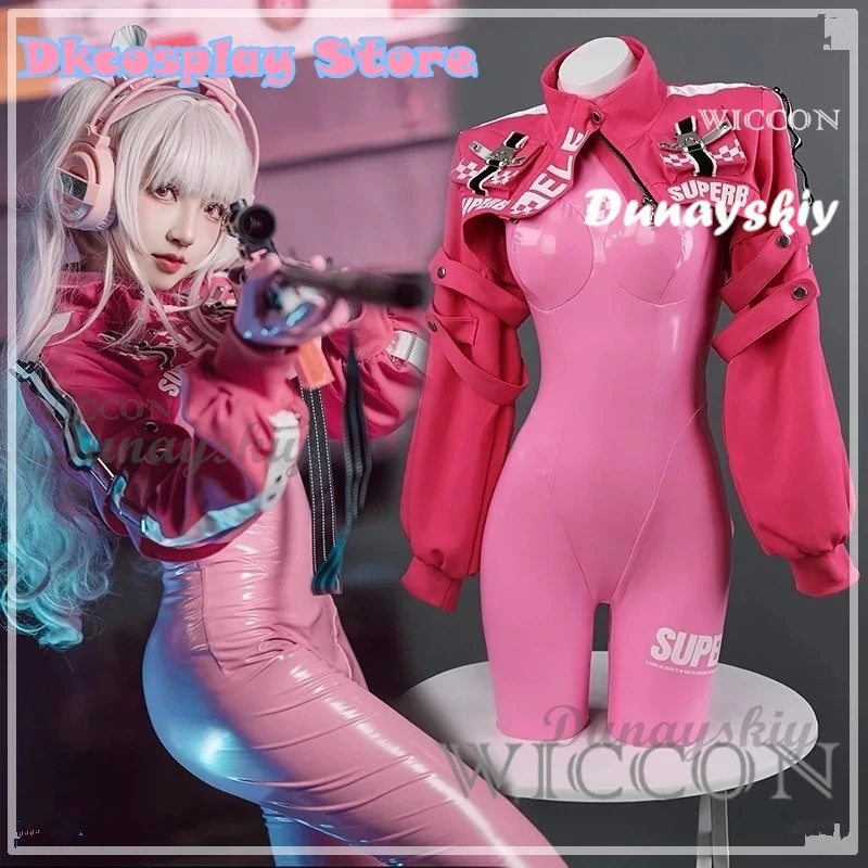 Game Nikke Alice Cosplay Costume Wig Shoes Sexy Latex Catsuit Bodysuit Pink Jumpsuit Jacket Suit For Women Girls Maillot