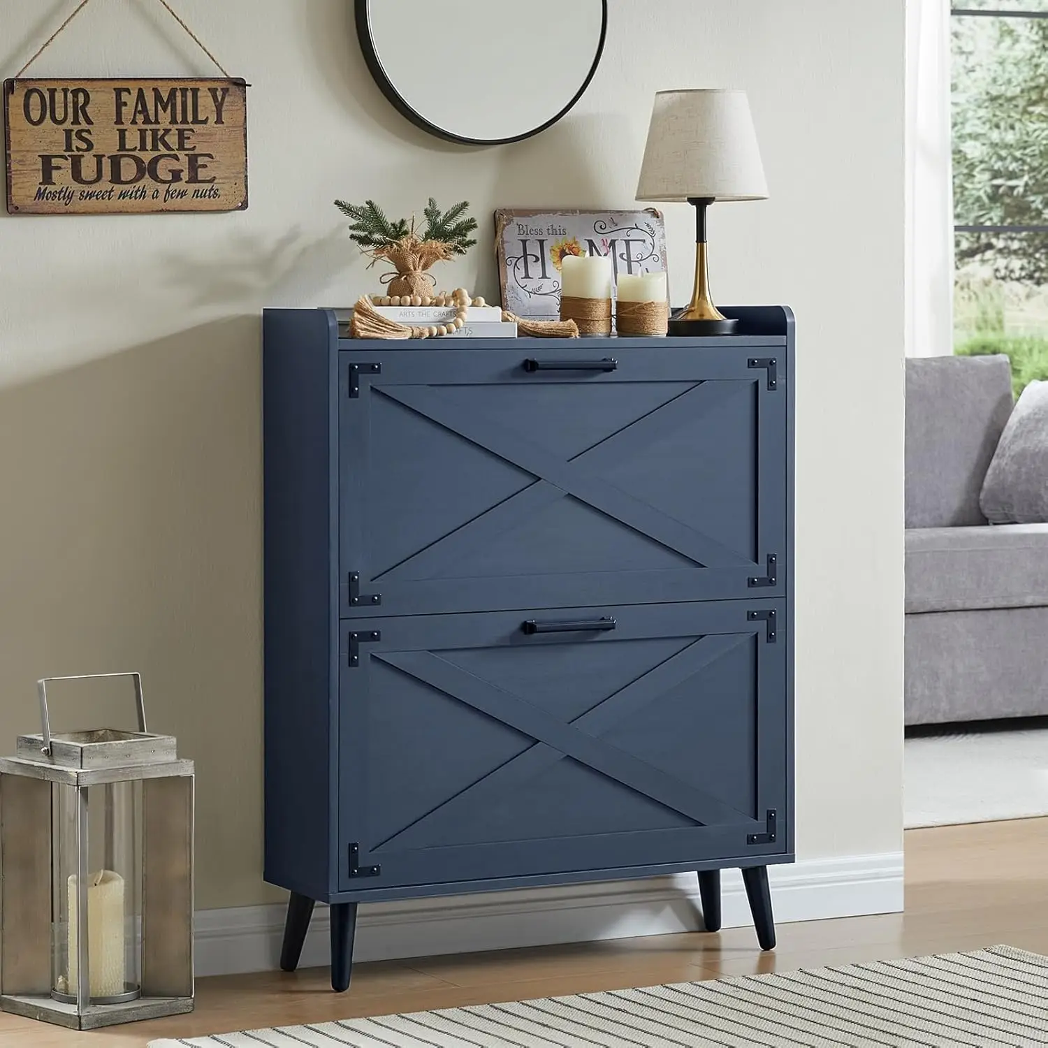 

Shoe Storage Cabinet,Farmhouse Shoe Organizer With 2 Flip Drawers & Barn Door Design,Freestanding Hidden Slim Narrow Shoe Ra