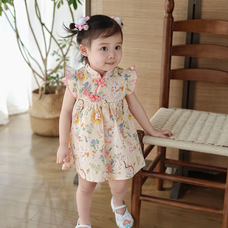 (0-3 Years Old) Summer Baby Girl Sunflower Bunny Flying Sleeve Chinese Style Dress Girl Retro Cartoon Qipao Dress