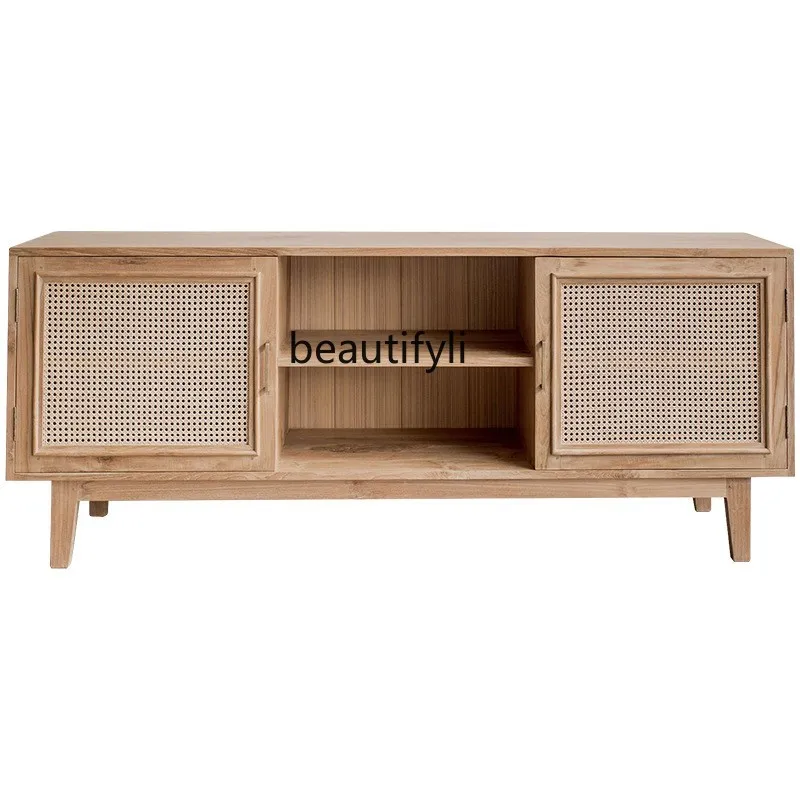 

Japanese TV cabinet new oak solid wood rattan mesh woven floor cabinet living room bed and breakfast furniture