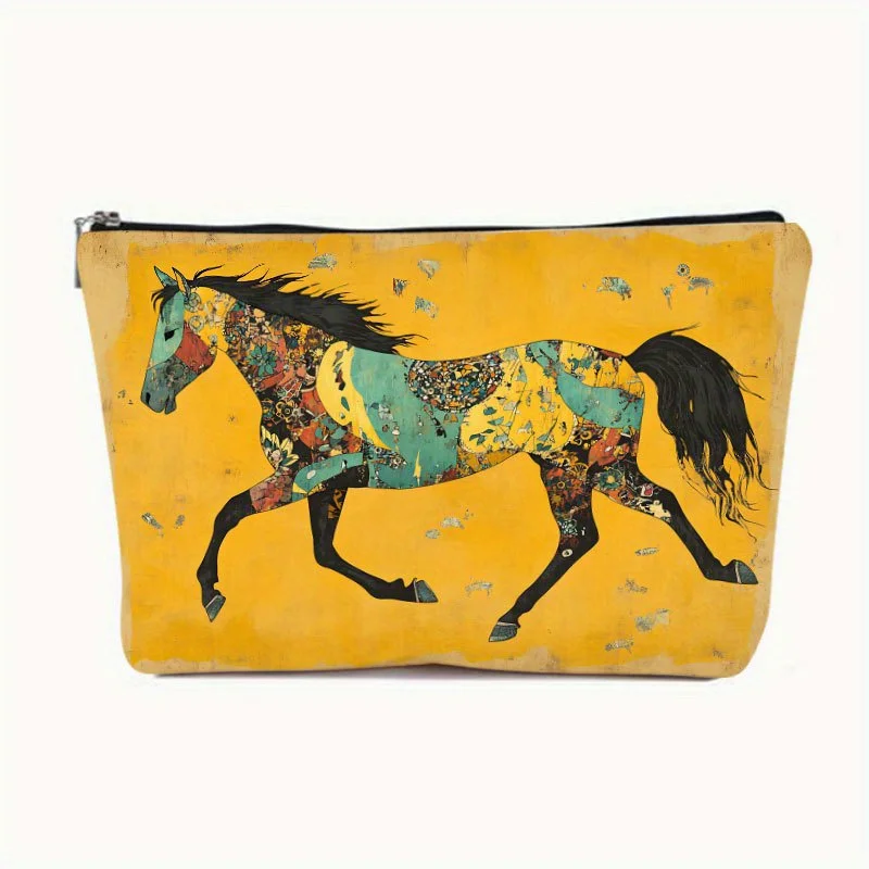 Una colorida bolsa de maquillaje con estampado de caballos de estilo marroquí: una linda bolsa multifuncional con cremallera, bolsa para guardar joyas,
