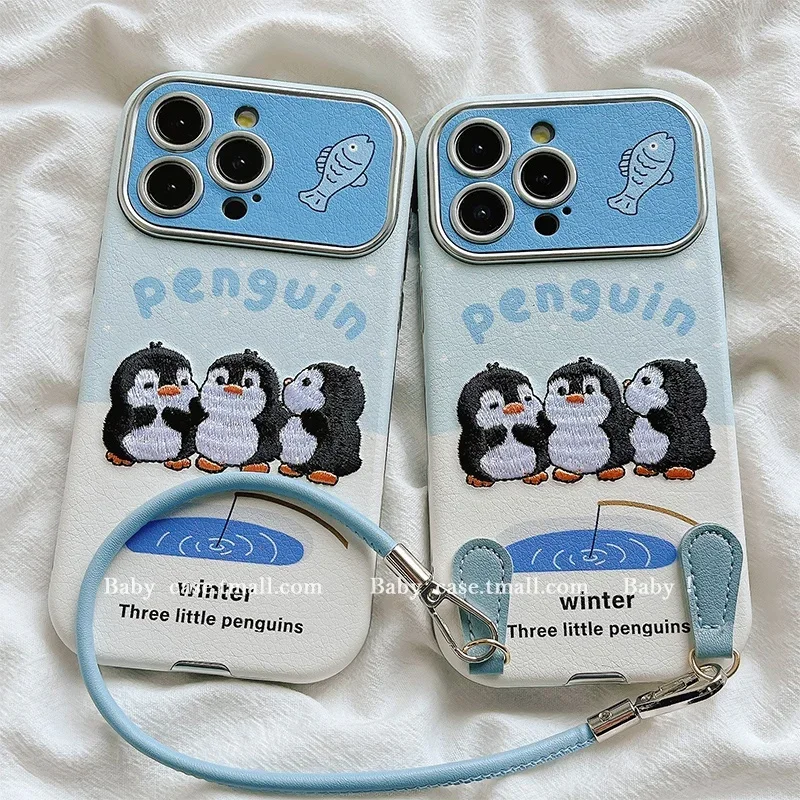 Penguin Cute Embroidered with Hanging Rope Suitable for Apple 16promax Phone Case IPhone 15 New 14pm Large Window 13 Leather